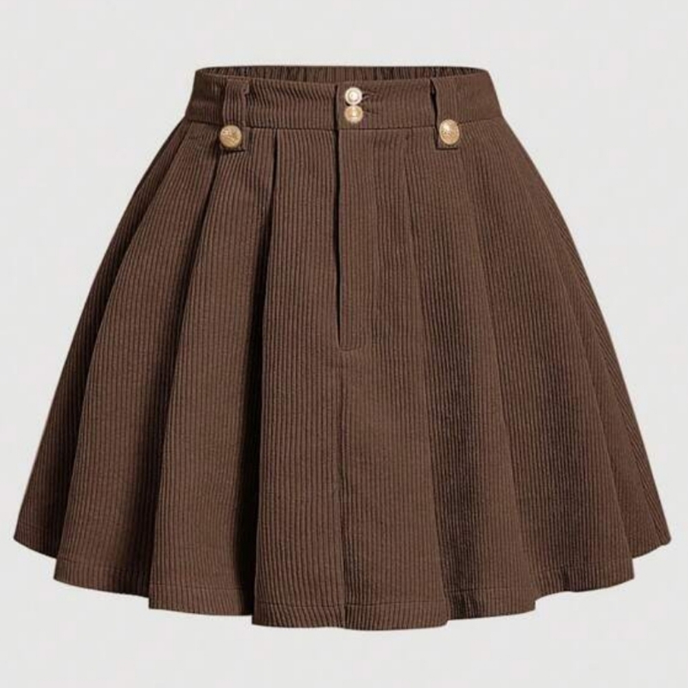 NWT Shein Mod XS Corduroy Mini Skirt Pleated Brown 2747-E